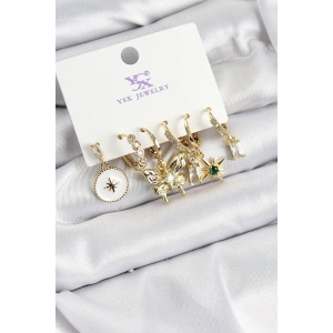 Pirinç Zİrkon Taşlı Kelebek ve Yıldız Model Gold Renk 3lü Çift Kadın Küpe