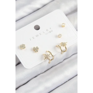 Pirinç Zirkon Taşlı Kutup Yıldızı Model Gold Renk 925 Ayar Gümüş Çivi Kadın Küpe Set