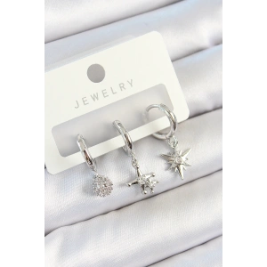 Pirinç Zirkon Taşlı Kutup Yıldızı Model Gümüş Renk 3lü Çift Kadın Küpe Set