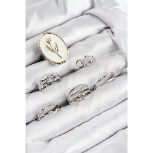 Pirinç Zirkon Taşlı Lale Model Gümüş Renk Kadın Yüzük Kombin Set