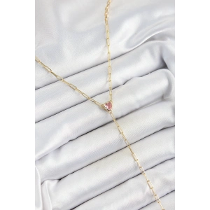 Pirinç Zirkon Taşlı Pembe Kalp Figürlü Y Model Gold Renk Kadın Kolye