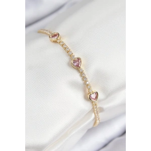 Pirinç Zirkon Taşlı Pembe Kalp Model Gold Renk Kadın Bileklik