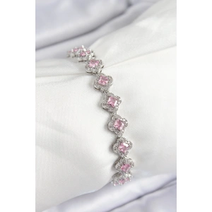 Pirinç Zirkon Taşlı Pembe Yonca Baget Model Gümüş Renk VIP Seri Kadın Bileklik