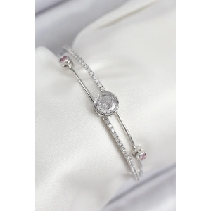 Pirinç Zirkon Taşlı Pırlanta Model Gümüş Renk Kadın Bileklik