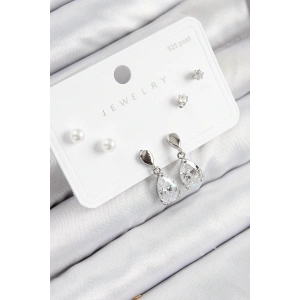 Pirinç Zirkon Taşlı Sallantılı Damla Model Gümüş Renk 925 Ayar Gümüş Çivi Kadın Küpe Set