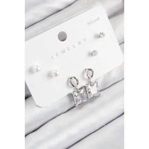 Pirinç Zirkon Taşlı Sallantılı Kare Model Gümüş Renk 925 Ayar Gümüş Çivi Kadın Küpe Set