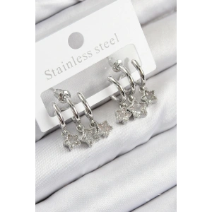 Pirinç Zirkon Taşlı Sallantılı Yıldız Model Gümüş Renk Kadın Küpe