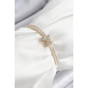 Pirinç Zirkon Taşlı X Detaylı Su Yolu Model Gold Renk Asansörlü Kadın Bileklik