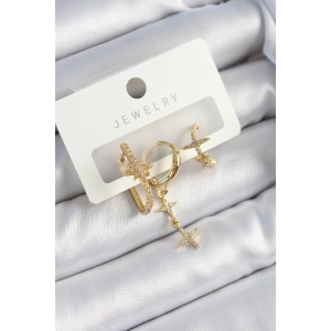 Pirinç Zirkon Taşlı Yıldız Model Gold Renk 3lü Çift Kadın Küpe Set