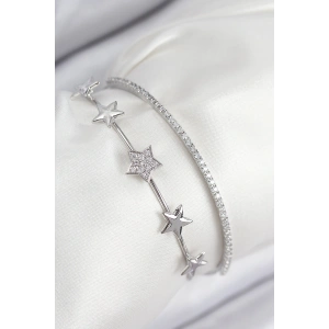 Pirinç Zirkon Taşlı Yıldız Model Gümüş Renk Kadın Bileklik