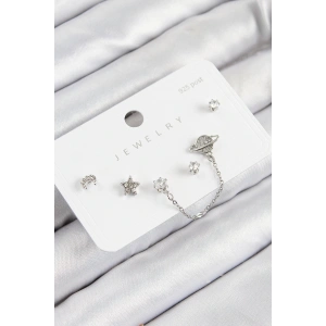 Pirinç Zirkon Taşlı Yıldız Ve Gezegen Model Gümüş Renk 925 Ayar Gümüş Çivi Kadın Küpe Set