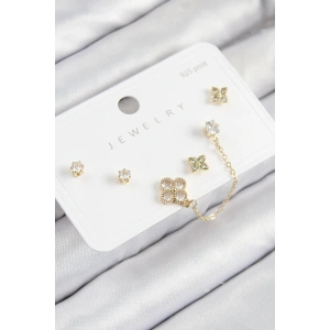 Pirinç Zirkon Taşlı Yonca Model Gold Renk 925 Ayar Gümüş Çivi Kadın Küpe Set