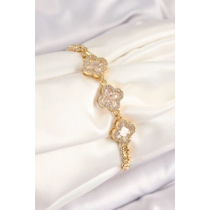 Pirinç Zirkon Taşlı Yonca Model Gold Renk Kadın Bileklik