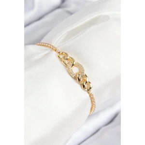 Pirinç Zirkon Taşlı Zincir Model Gold Renk Asansörlü Kadın Bileklik