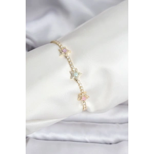 Renkli Yıldız Model Zirkon Taşlı Gold Renk Pirinç Su Yolu Kadın Bileklik