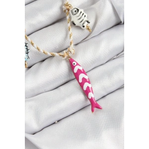 Seramik Motifli Pembe Balık Figürlü Model Krem İp Kadın Kolye