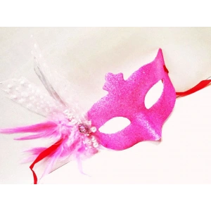 Sim İşlemeli İnci Boncuk Detaylı Tüylü Balo Maskesi Pembe Renk 13x18 cm