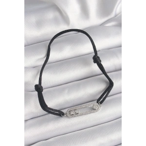 Siyah Renk İpli Asansör Zirkon Taşlı Gümüş Messika Model Kadın Bileklik