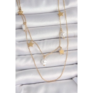 316L Çelik Gold Renk 2Li Zincir Sallantı Yıldız İnci Model Kadın Kolye