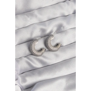 Pirinç Gümüş Renk Zirkon Taşlı Yarım Halka Küpe