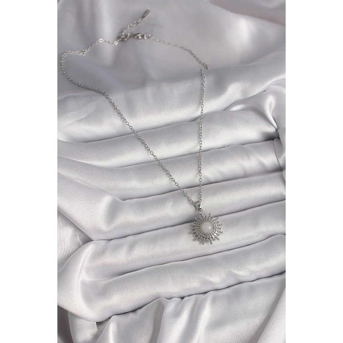 316L Çelik Gümüş Renk Zincir Beyaz Mineli Güneş Model Kadın Kolye