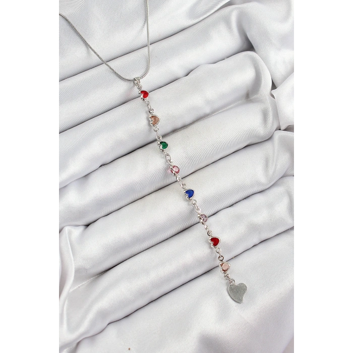 Pirinç Gümüş Renk Karışık Renk Zirkon Taşlı Kalpli Y Kadın Kolye