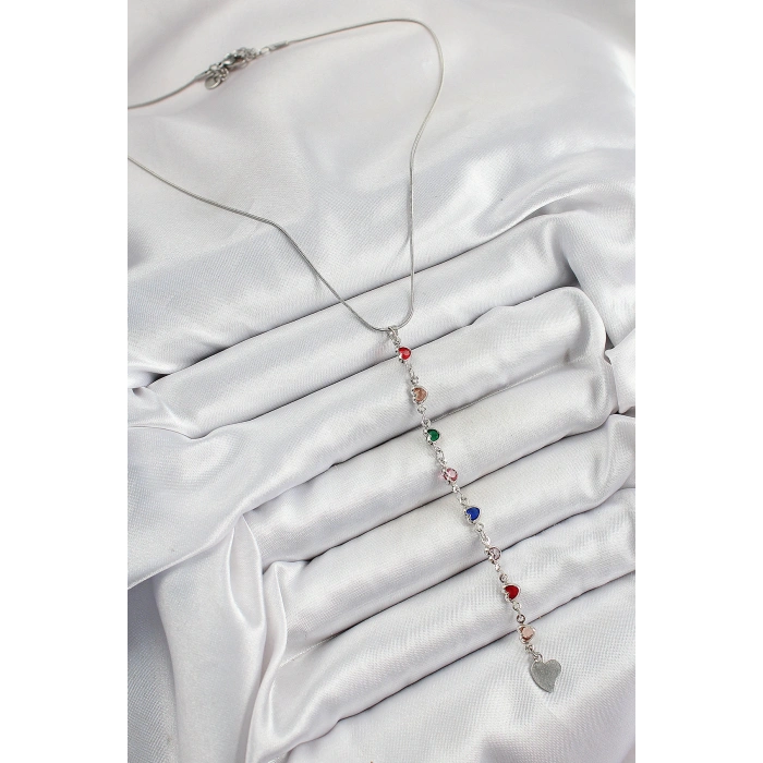 Pirinç Gümüş Renk Karışık Renk Zirkon Taşlı Kalpli Y Kadın Kolye