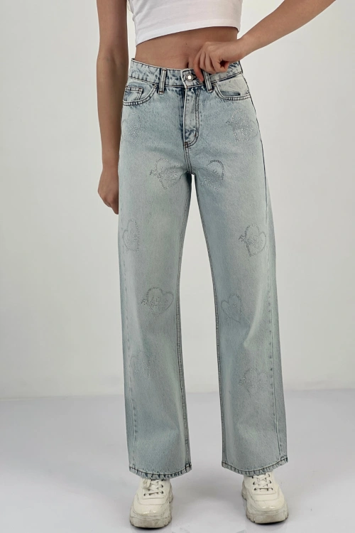 Kadın Bol Paça Taşlı Jeans Baggy Fit Buz Mavi Kot Pantolon