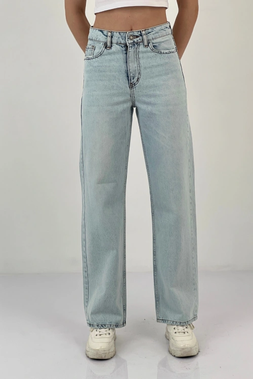 Kadın Straight Bol Paça Jeans Baggy Fit Buz Mavi Kot Pantolon