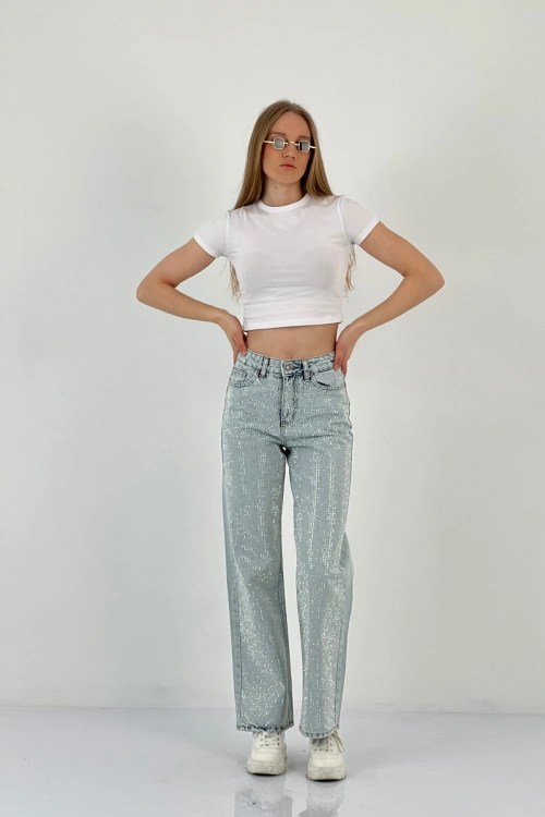 Kadın Wide Leg Taşlı Jeans Baggy Fit Buz Mavi Kot Pantolon