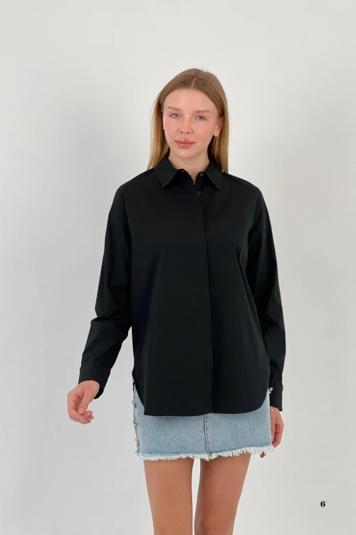 Kadın Esnek Yazlık Dar Slim Fit Basic Siyah Gömlek