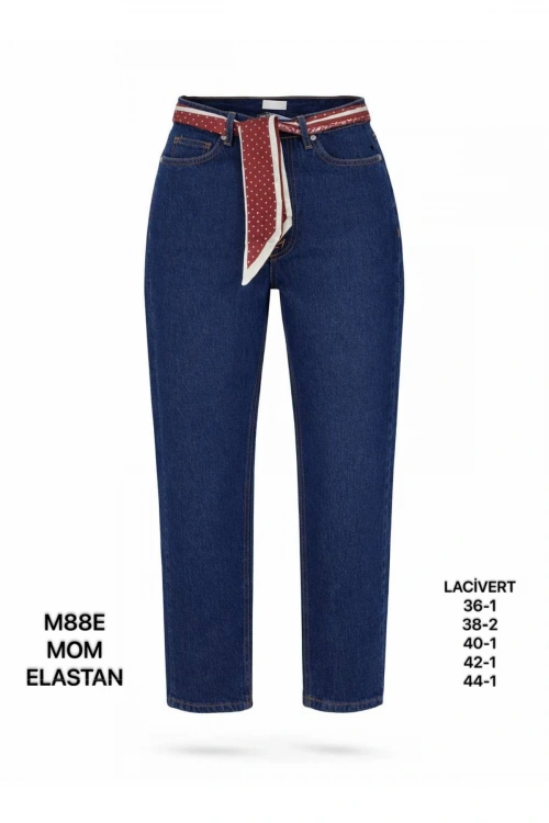 Kadın Lacivert Fular Kemer Detaylı Yüksek Bel Mom Fit Jean Pantolon