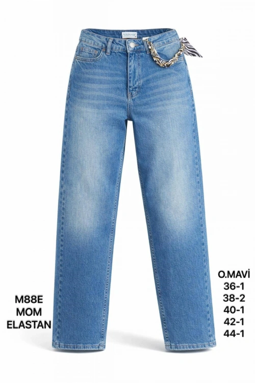 Kadın Mavi Fular Detaylı Yüksek Bel Mom Fit Jean Pantolon