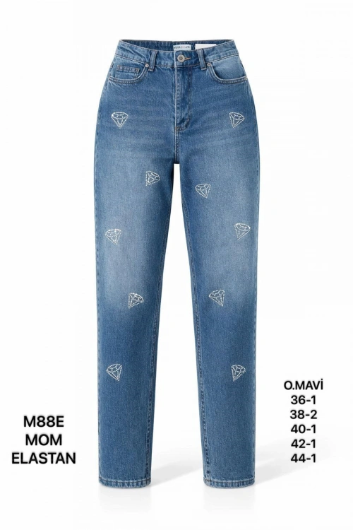 Kadın Mavi Yüksek Bel Taş Detaylı Mom Fit Jean Pantolon