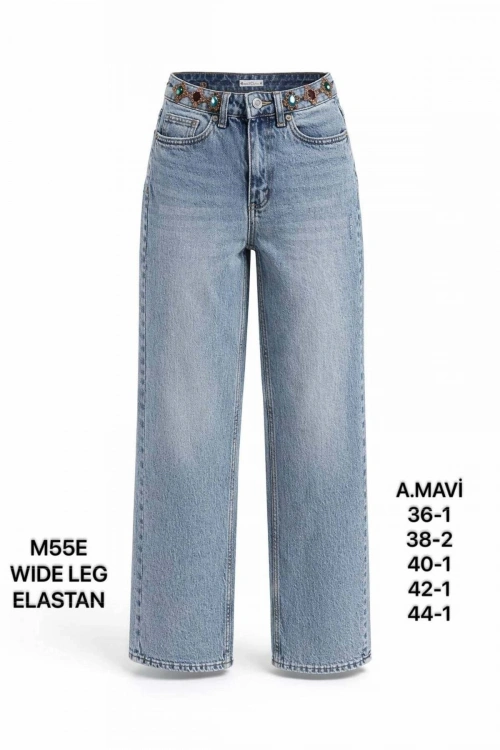 Kadın A.Mavi Taş Detaylı Yüksek Bel Wide Leg Jean Pantolon