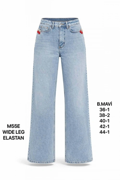 Kadın Açık Mavi Yüksek Bel Aksesuarlı Wide Leg Jean Pantolon