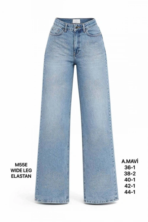 Kadın A.Mavi Taş Detaylı Wide Leg Jean Pantolon