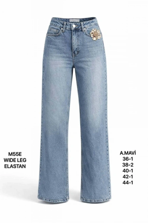 Kadın Açık Mavi Yüksek Bel Çiçek Aksesuarlı Wide Leg Jean Pantolon