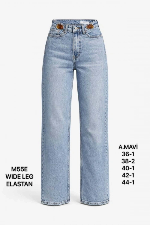 Kadın Yüksek Bel A.Mavi Aksesuar Detaylı Wide Leg Jean Pantolon