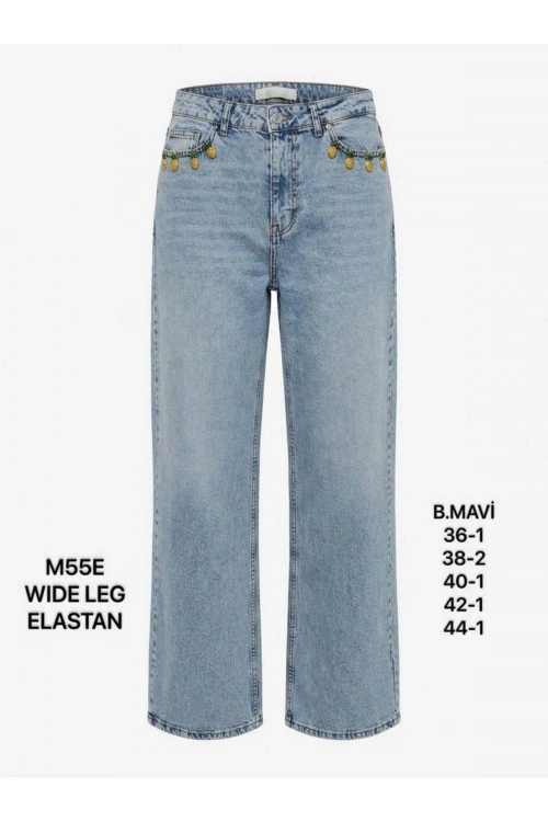Kadın Buz Mavi Ananas Aksesuarlı Yüksek Bel Wide Leg Jean Pantolon