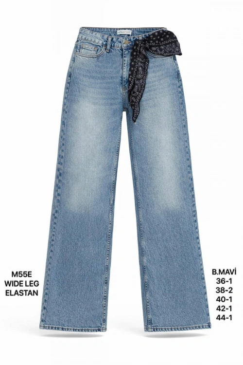 Kadın Buz Mavi Fularlı Yüksek Bel Wide Leg Jean Pantolon