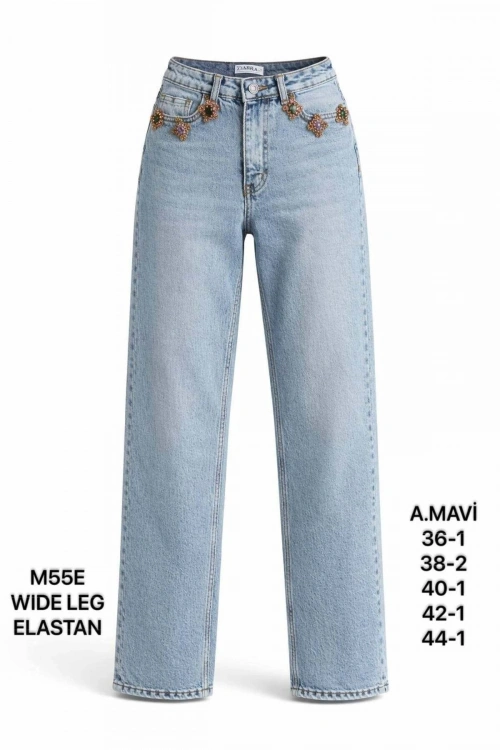 Kadın Açık Mavi Taş Aksesuar Detaylı Wide Leg Jean Pantolon