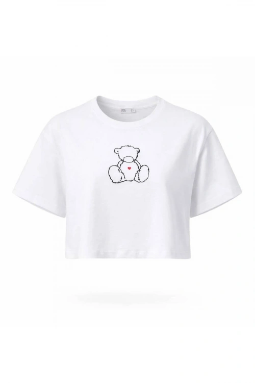 Kadın Beyaz Ayıcık Baskılı Crop Pamuk T-Shirt