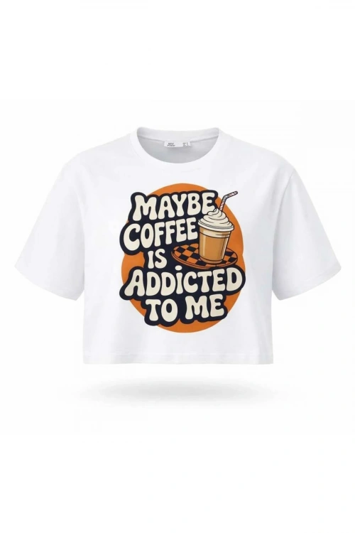 Kadın Beyaz Coffee Baskılı Crop Pamuk T-Shirt