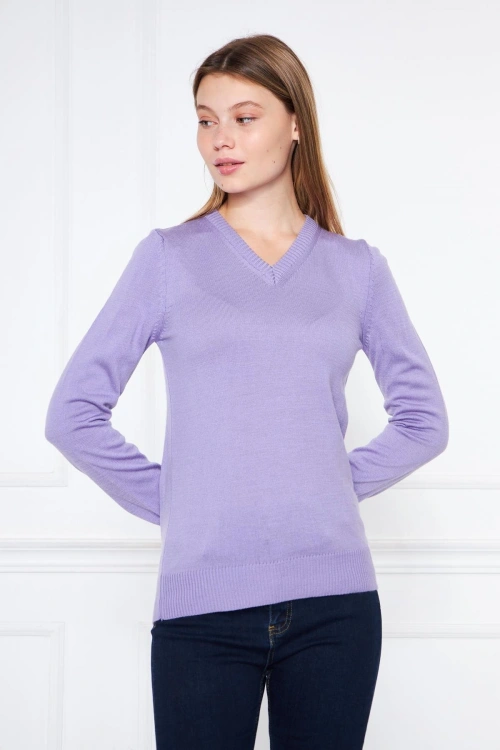 V Yaka Basic Kadın Triko Kazak Lila/lilac 32806