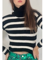 Kadın Boğazlı Balıkçı Yaka Çizgili Kısa Crop Siyah Triko Kazak