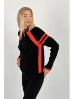 Kadın Oversize Bisiklet Yaka Şeritli Uzun Kışlık Turuncu Triko Kazak