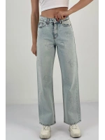 Kadın Bol Paça Taşlı Jeans Baggy Fit Buz Mavi Kot Pantolon