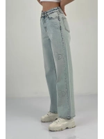Kadın Bol Paça Taşlı Jeans Baggy Fit Buz Mavi Kot Pantolon