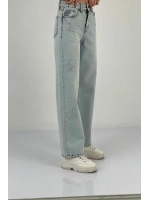 Kadın Bol Paça Taşlı Jeans Baggy Fit Buz Mavi Kot Pantolon